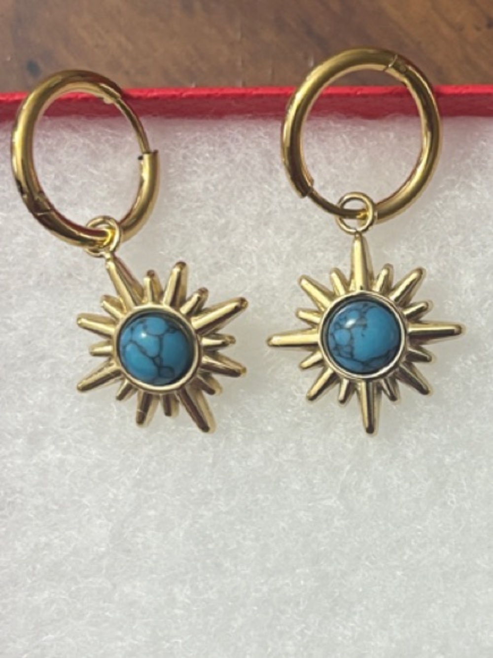 Gold Sunburst Hoop Earrings with Turquoise Accent - New/Un Worn